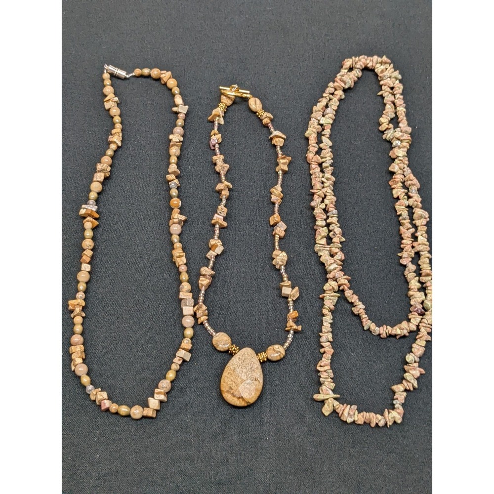 Lot of 3 Stone Bead Necklaces Lot Earth Nature Organic Chips Beads Boho Layer